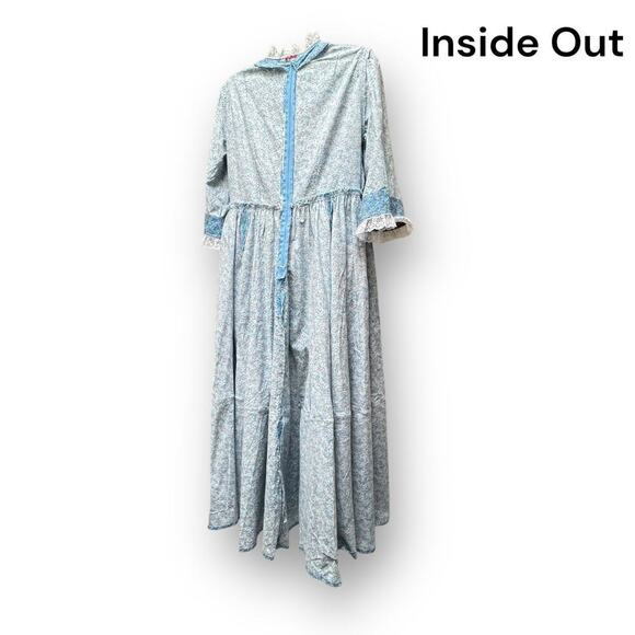 Vintage 1970s Large Handmade Blue Cotton Floral Prairie Dress, Cottagecore Lace - Picture 5 of 16